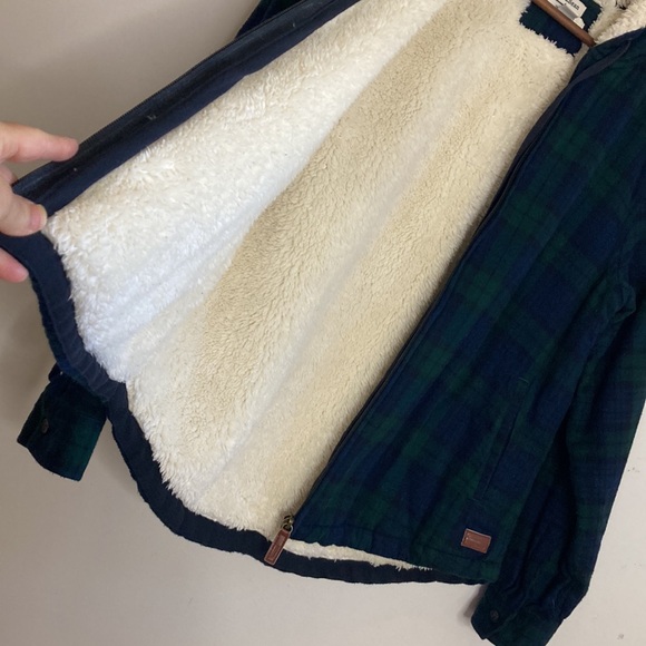 LL Bean Hoodie Womens Small Blue Scotch Plaid Flannel Sherpa Fleece Zip Shacket - Picture 12 of 16